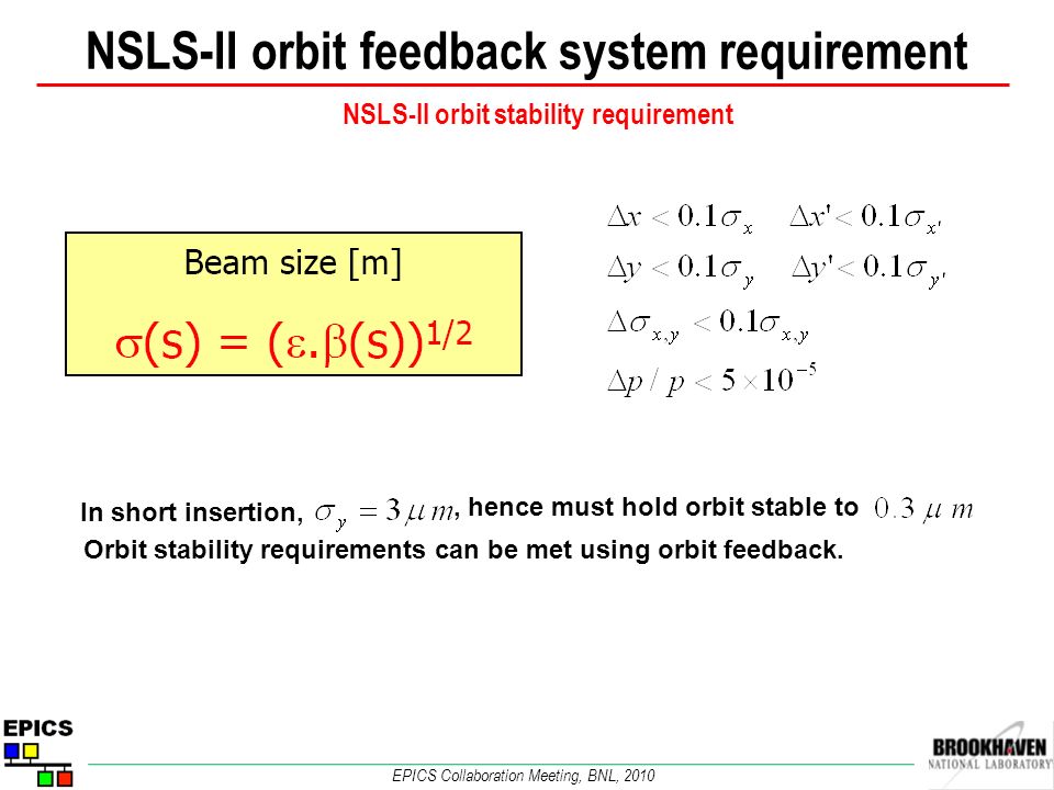 NSLS-II orbit feedback system requirement In short insertion,, hence must hold orbit stable to Orbit stability requirements can be met using orbit feedback.