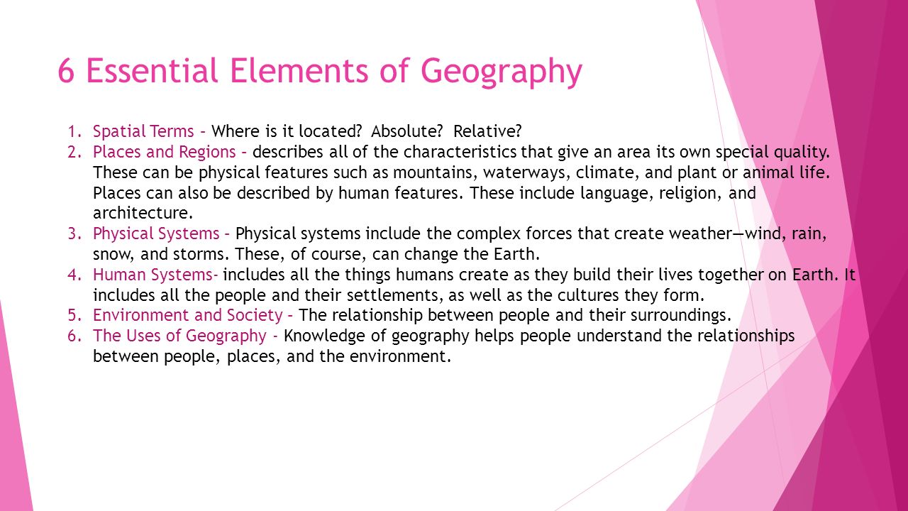 6 Essential Elements of Geography 1.Spatial Terms – Where is it located.