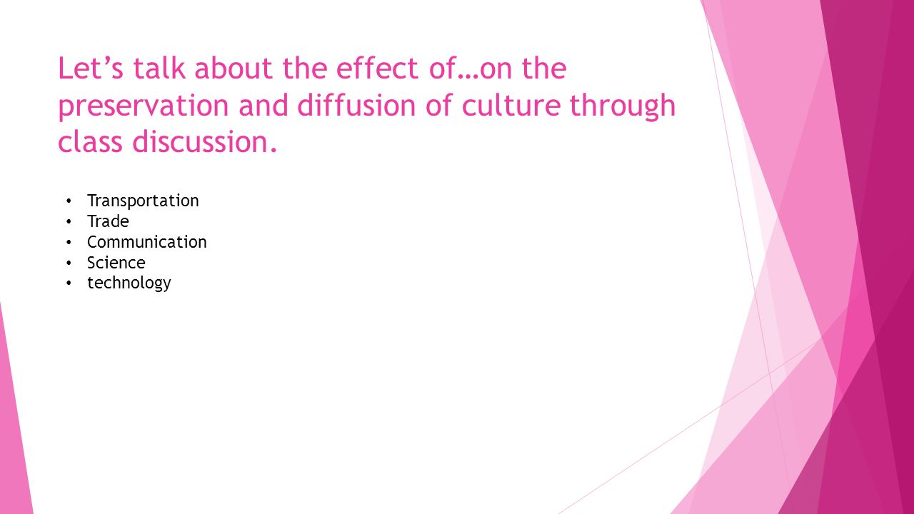 Let’s talk about the effect of…on the preservation and diffusion of culture through class discussion.