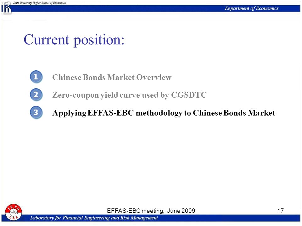 EFFAS-EBC meeting, June Current position: 1 Chinese Bonds Market Overview 3 Applying EFFAS-EBC methodology to Chinese Bonds Market 2 Zero-coupon yield curve used by CGSDTC