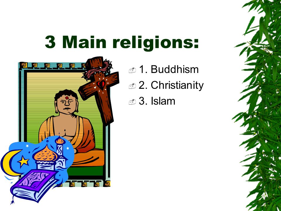 3 Main religions:  1. Buddhism  2. Christianity  3. Islam