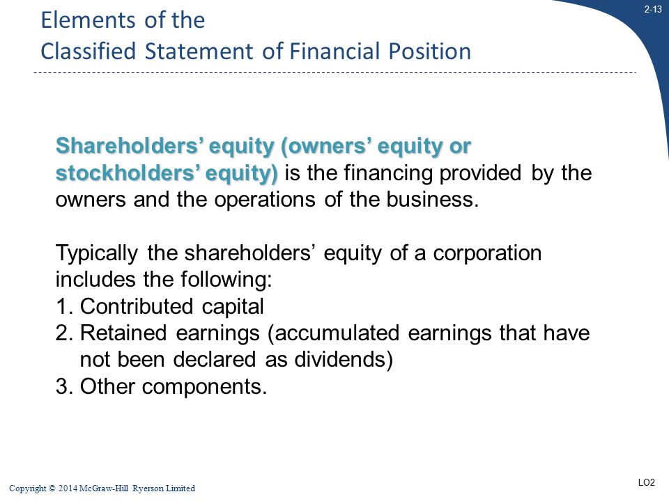 2-13 Copyright © 2014 McGraw-Hill Ryerson Limited Shareholders’ equity (owners’ equity or stockholders’ equity) Shareholders’ equity (owners’ equity or stockholders’ equity) is the financing provided by the owners and the operations of the business.