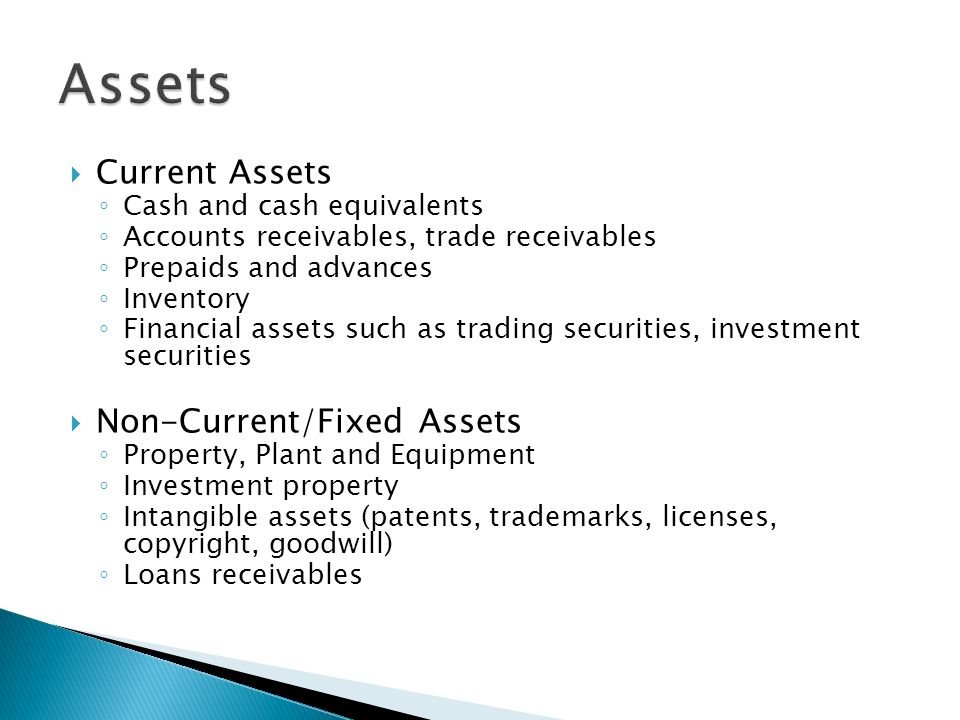  Current Assets ◦ Cash and cash equivalents ◦ Accounts receivables, trade receivables ◦ Prepaids and advances ◦ Inventory ◦ Financial assets such as trading securities, investment securities  Non-Current/Fixed Assets ◦ Property, Plant and Equipment ◦ Investment property ◦ Intangible assets (patents, trademarks, licenses, copyright, goodwill) ◦ Loans receivables