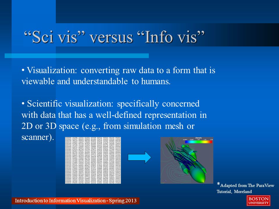 Sci vis versus Info vis Introduction to Information Visualization - Spring 2013 * Adapted from The ParaView Tutorial, Moreland Visualization: converting raw data to a form that is viewable and understandable to humans.