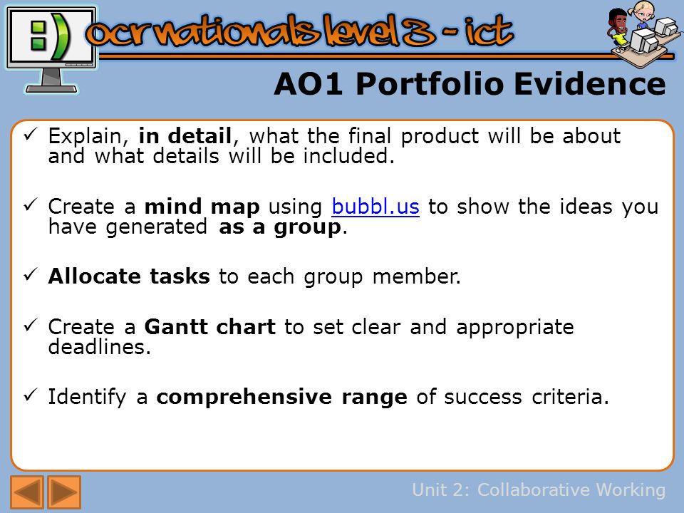 Unit 2: Collaborative Working AO1 Portfolio Evidence Explain, in detail, what the final product will be about and what details will be included.