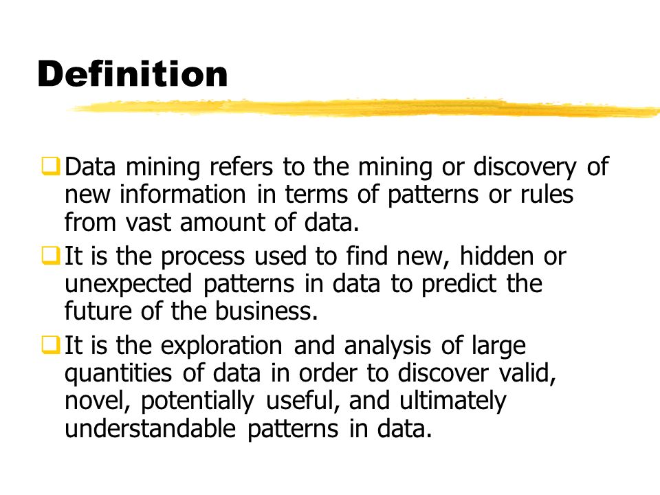 An Introduction to Data Mining. Definition  Data mining refers to the  mining or discovery of new information in terms of patterns or rules from  vast. - ppt download