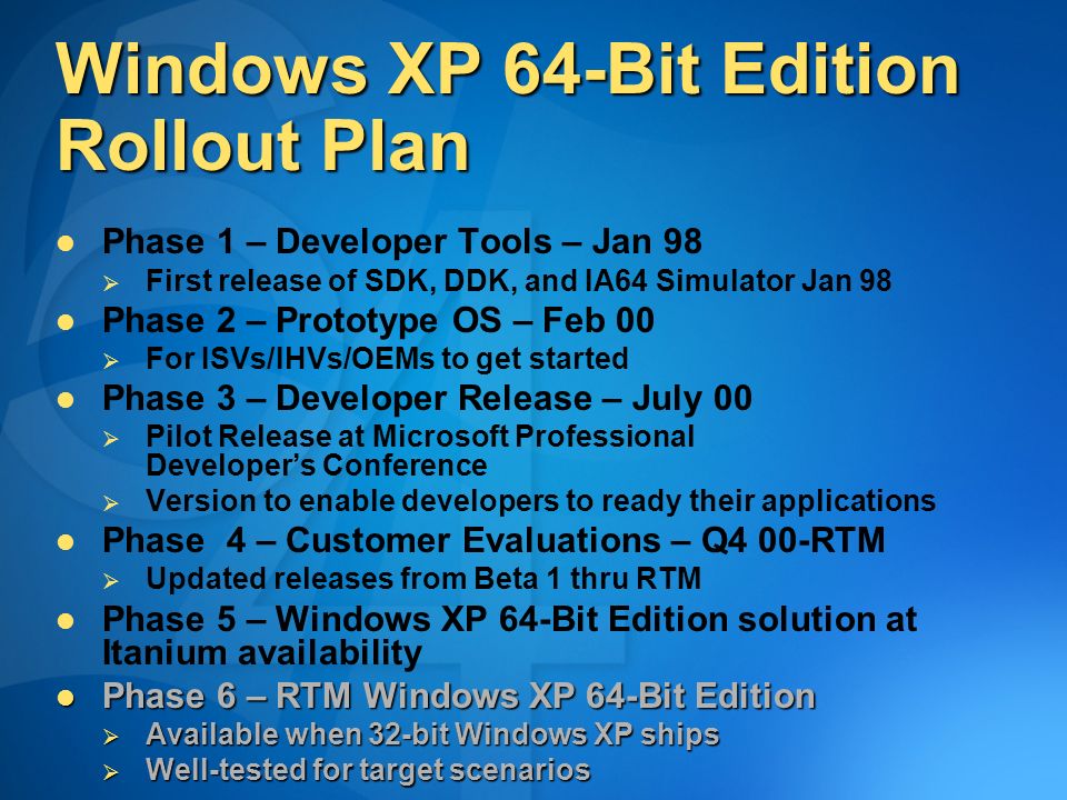 Windows XP 64-Bit Edition Rollout Plan Phase 1 – Developer Tools – Jan 98   First release of SDK, DDK, and IA64 Simulator Jan 98 Phase 2 – Prototype OS – Feb 00   For ISVs/IHVs/OEMs to get started Phase 3 – Developer Release – July 00   Pilot Release at Microsoft Professional Developer’s Conference   Version to enable developers to ready their applications Phase 4 – Customer Evaluations – Q4 00-RTM   Updated releases from Beta 1 thru RTM Phase 5 – Windows XP 64-Bit Edition solution at Itanium availability Phase 6 – RTM Windows XP 64-Bit Edition Phase 6 – RTM Windows XP 64-Bit Edition  Available when 32-bit Windows XP ships  Well-tested for target scenarios