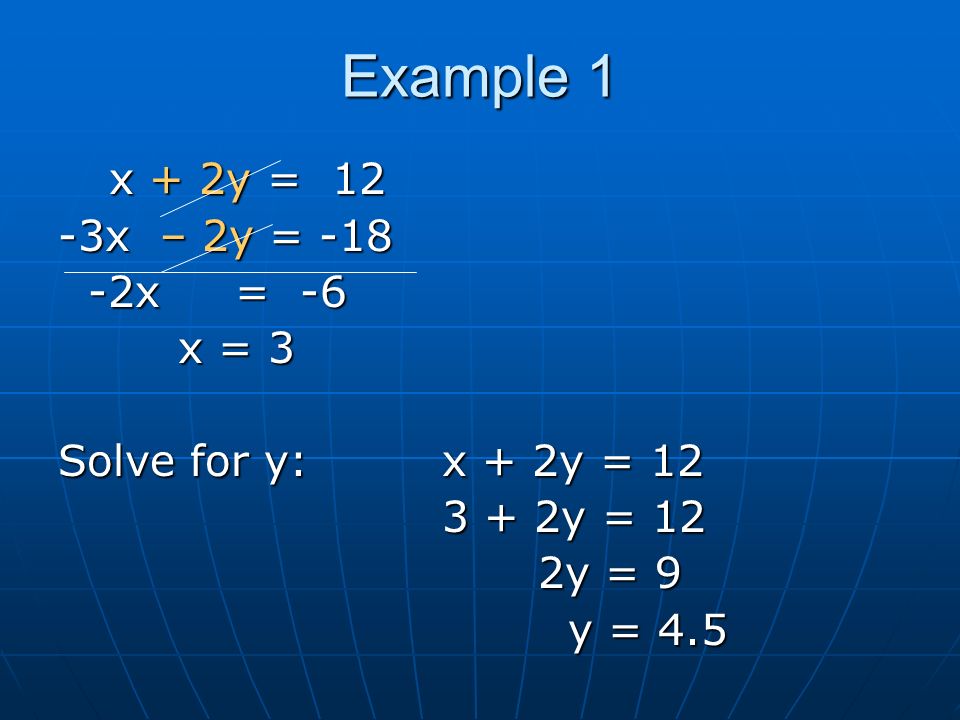 Example 1 x + 2y = 12 x + 2y = 12 -3x – 2y = x = -6 -2x = -6 x = 3 x = 3 Solve for y:x + 2y = y = 12 2y = 9 y = 4.5 y = 4.5