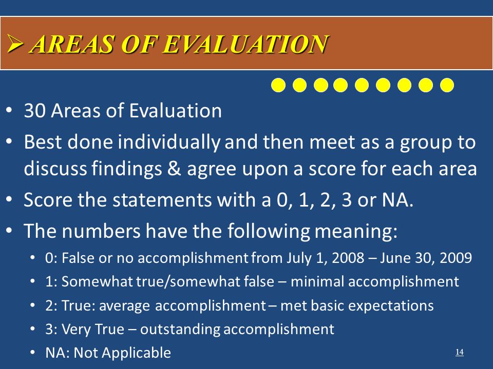 30 Areas of Evaluation Best done individually and then meet as a group to discuss findings & agree upon a score for each area Score the statements with a 0, 1, 2, 3 or NA.
