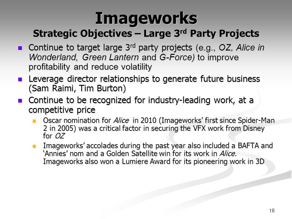 Imageworks Strategic Objectives – Large 3 rd Party Projects Continue to target large 3 rd party projects (e.g., OZ, Alice in Wonderland, Green Lantern and G-Force) to improve profitability and reduce volatility Continue to target large 3 rd party projects (e.g., OZ, Alice in Wonderland, Green Lantern and G-Force) to improve profitability and reduce volatility Leverage director relationships to generate future business (Sam Raimi, Tim Burton) Leverage director relationships to generate future business (Sam Raimi, Tim Burton) Continue to be recognized for industry-leading work, at a competitive price Continue to be recognized for industry-leading work, at a competitive price Oscar nomination for Alice in 2010 (Imageworks’ first since Spider-Man 2 in 2005) was a critical factor in securing the VFX work from Disney for OZ Oscar nomination for Alice in 2010 (Imageworks’ first since Spider-Man 2 in 2005) was a critical factor in securing the VFX work from Disney for OZ Imageworks’ accolades during the past year also included a BAFTA and ‘Annies’ nom and a Golden Satellite win for its work in Alice.