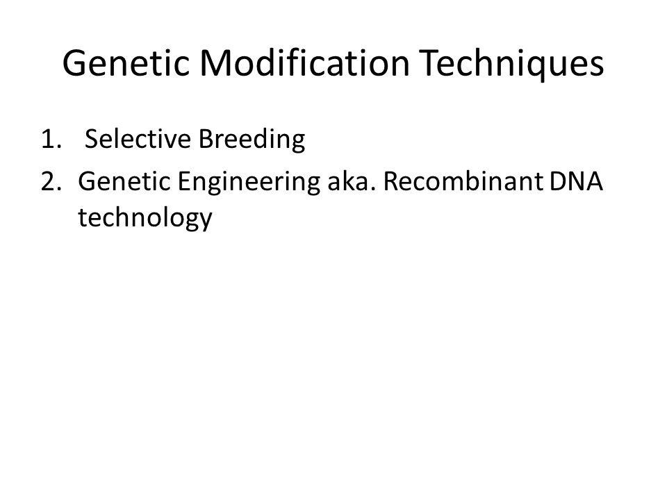 Genetic Modification Techniques 1. Selective Breeding 2.Genetic Engineering aka.