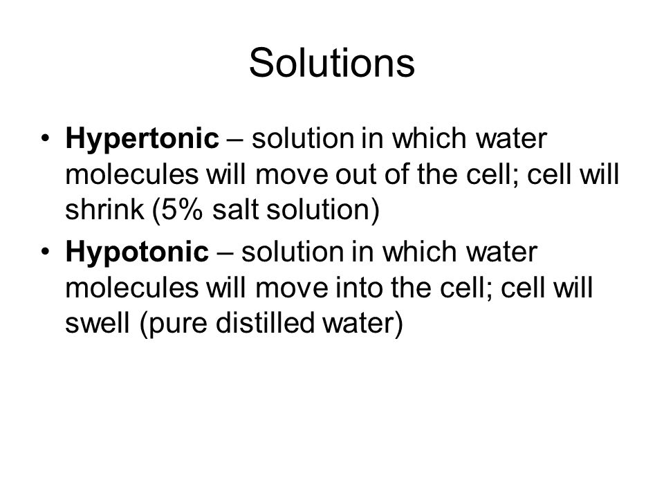 Movement of materials in and out of cells Semipermeable membrane Diffusion – movement of molecules from high concentration to lower concentration Osmosis – pertains only to movement of water molecules from high concentration to lower concentration Solute – substance dissolved in a solution