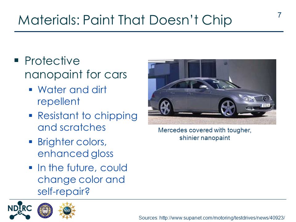 Materials: Paint That Doesn’t Chip  Protective nanopaint for cars  Water and dirt repellent  Resistant to chipping and scratches  Brighter colors, enhanced gloss  In the future, could change color and self-repair.