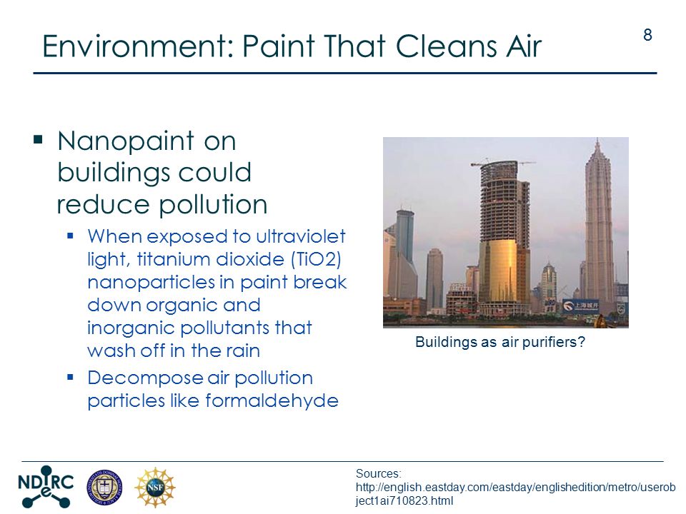 Environment: Paint That Cleans Air  Nanopaint on buildings could reduce pollution  When exposed to ultraviolet light, titanium dioxide (TiO2) nanoparticles in paint break down organic and inorganic pollutants that wash off in the rain  Decompose air pollution particles like formaldehyde 8 Buildings as air purifiers.