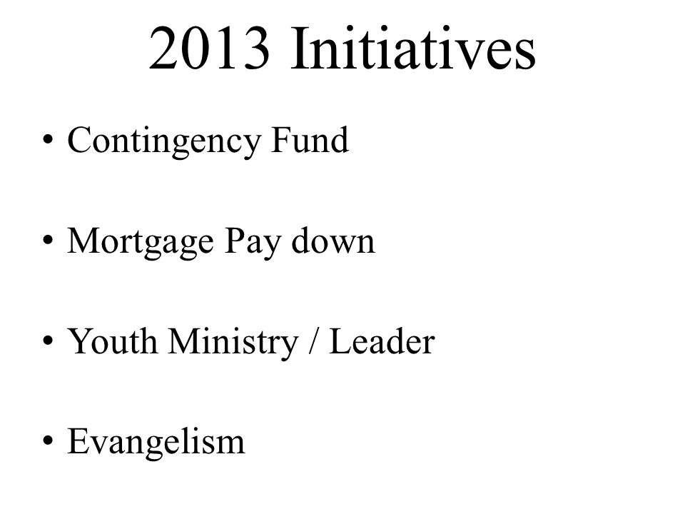 2013 Initiatives Contingency Fund Mortgage Pay down Youth Ministry / Leader Evangelism