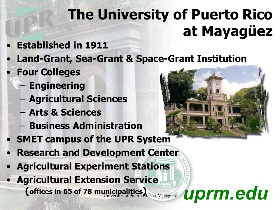 University of Puerto Rico at Mayagüez The University of Puerto Rico at Mayagüez Established in 1911 Land-Grant, Sea-Grant & Space-Grant Institution Four Colleges –Engineering –Agricultural Sciences –Arts & Sciences –Business Administration SMET campus of the UPR System Research and Development Center Agricultural Experiment Stations Agricultural Extension Service ( offices in 65 of 78 municipalities ) uprm.edu