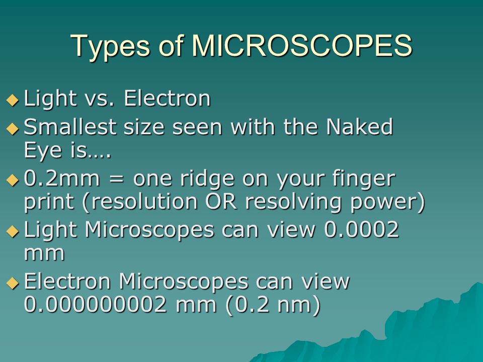 Types of MICROSCOPES  Light vs. Electron  Smallest size seen with the Naked Eye is….