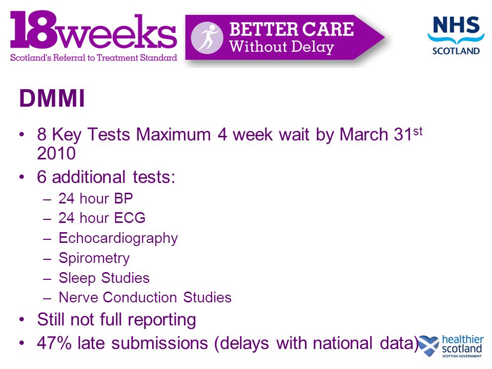 DMMI 8 Key Tests Maximum 4 week wait by March 31 st additional tests: –24 hour BP –24 hour ECG –Echocardiography –Spirometry –Sleep Studies –Nerve Conduction Studies Still not full reporting 47% late submissions (delays with national data)