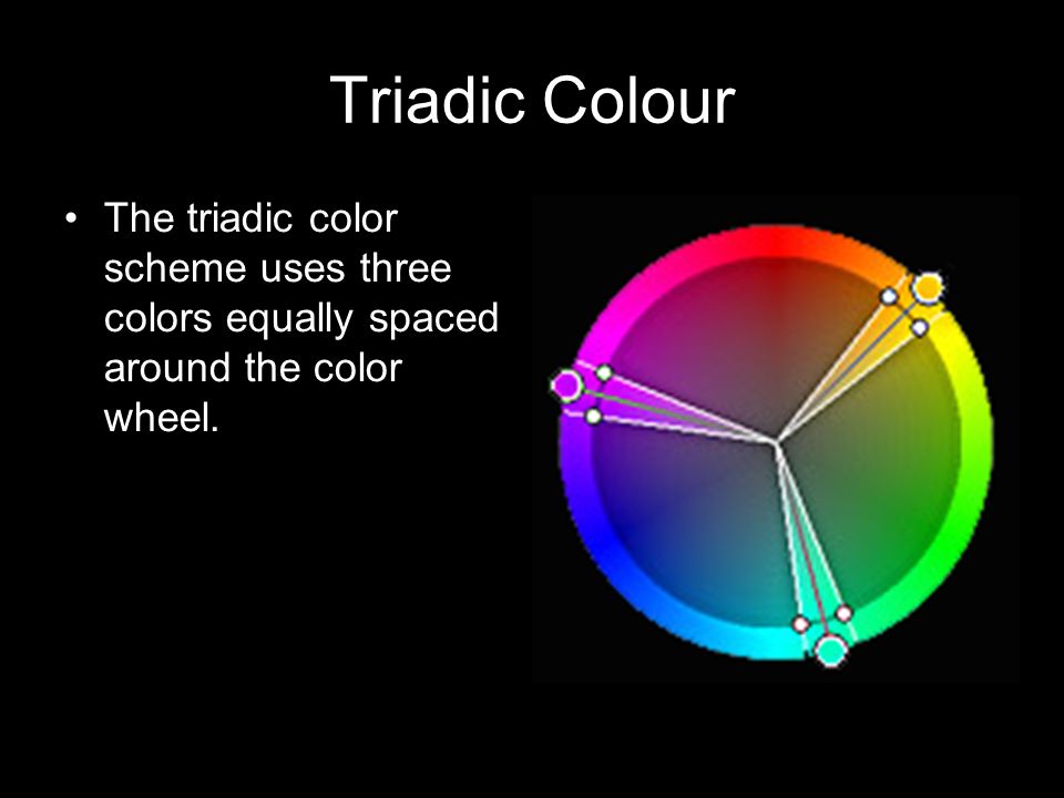 Triadic Colour The triadic color scheme uses three colors equally spaced around the color wheel.