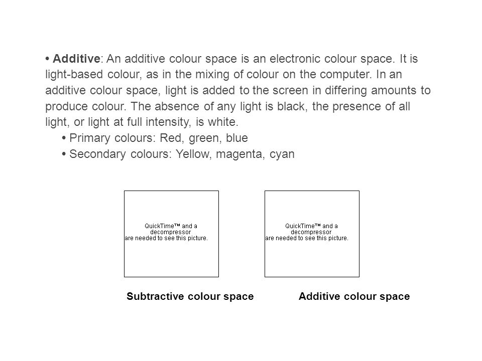 Additive: An additive colour space is an electronic colour space.