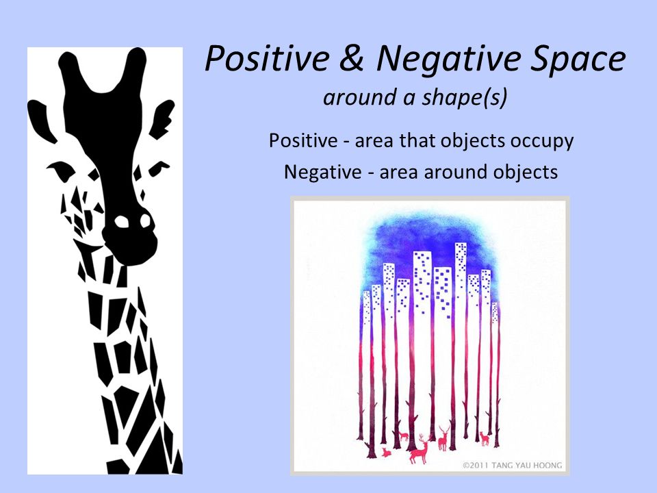 Positive & Negative Space around a shape(s) Positive - area that objects occupy Negative - area around objects