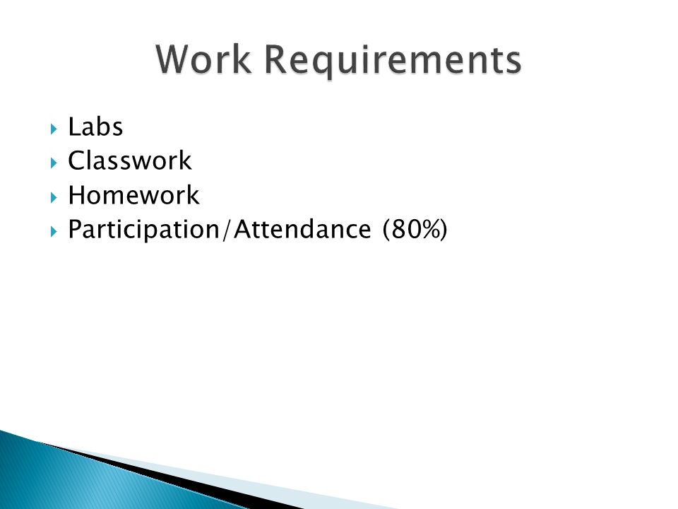  Labs  Classwork  Homework  Participation/Attendance (80%)
