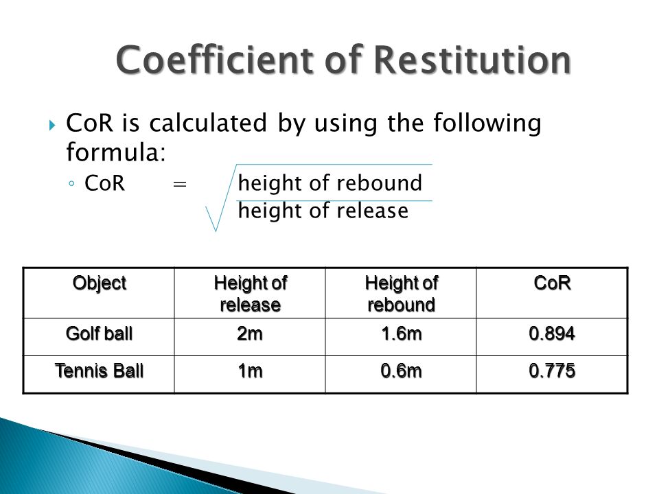  CoR is calculated by using the following formula: ◦ CoR = height of rebound height of release Object Height of release Height of rebound CoR Golf ball 2m1.6m0.894 Tennis Ball 1m0.6m0.775 Coefficient of Restitution