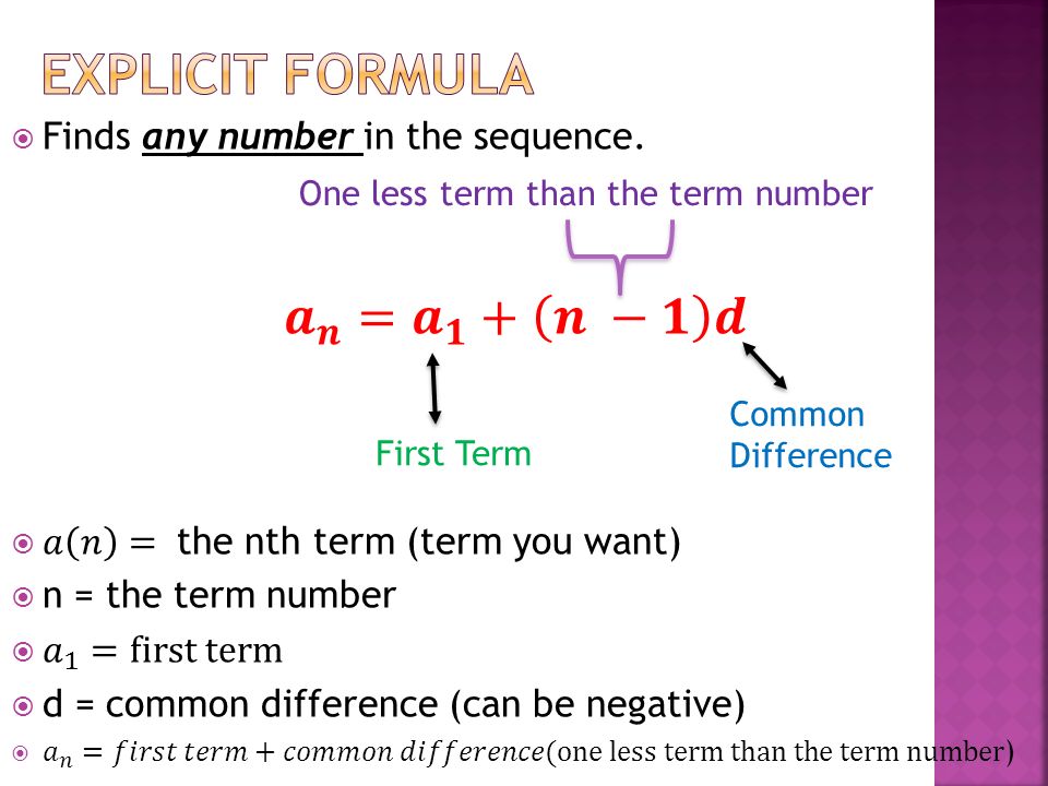 First Term Common Difference One less term than the term number
