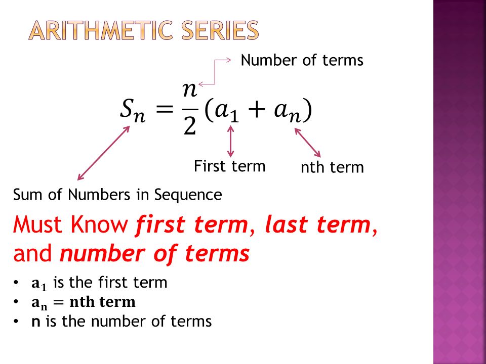 Sum of Numbers in Sequence Must Know first term, last term, and number of terms Number of terms First term nth term
