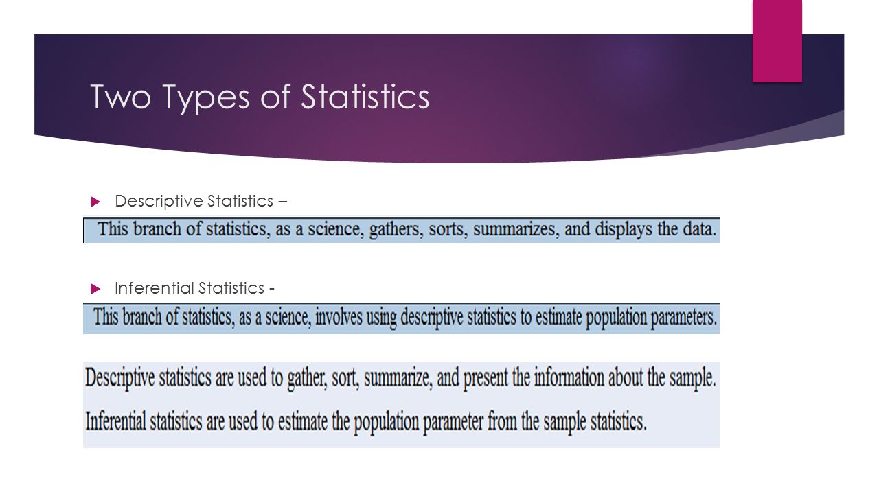 Two Types of Statistics  Descriptive Statistics –   Inferential Statistics -