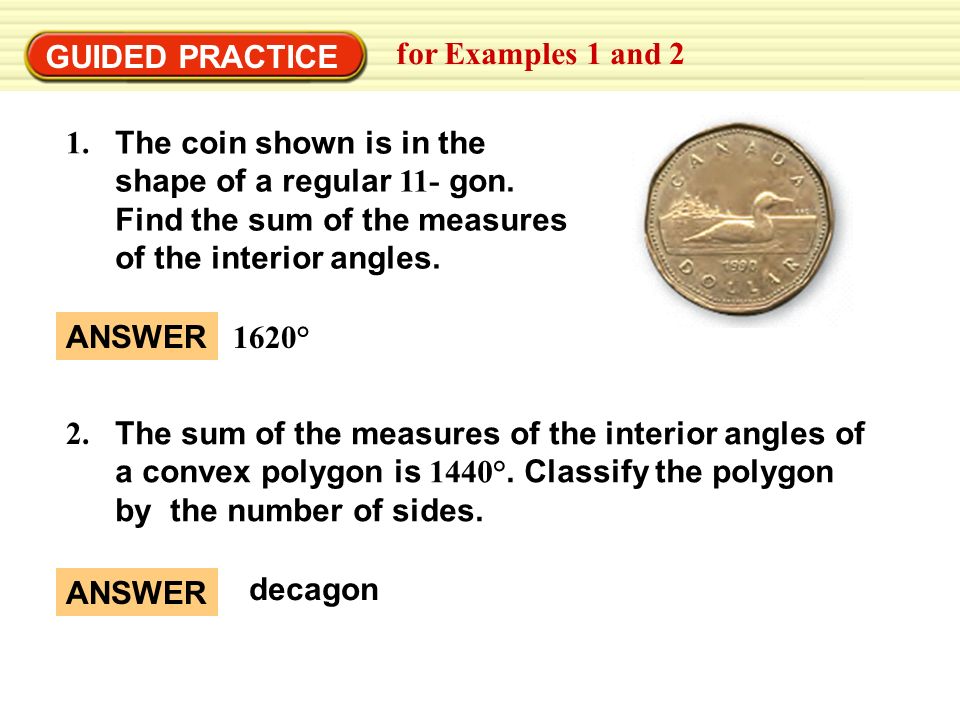 GUIDED PRACTICE for Examples 1 and 2 The coin shown is in the shape of a regular 11- gon.