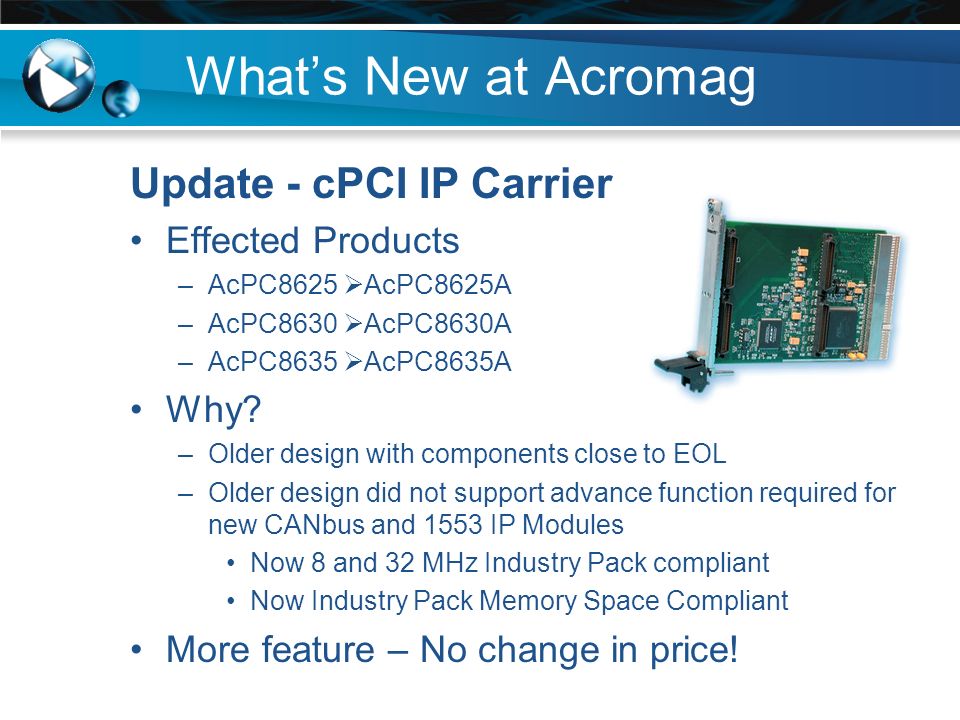 What’s New at Acromag Update - cPCI IP Carrier Effected Products –AcPC8625  AcPC8625A –AcPC8630  AcPC8630A –AcPC8635  AcPC8635A Why.