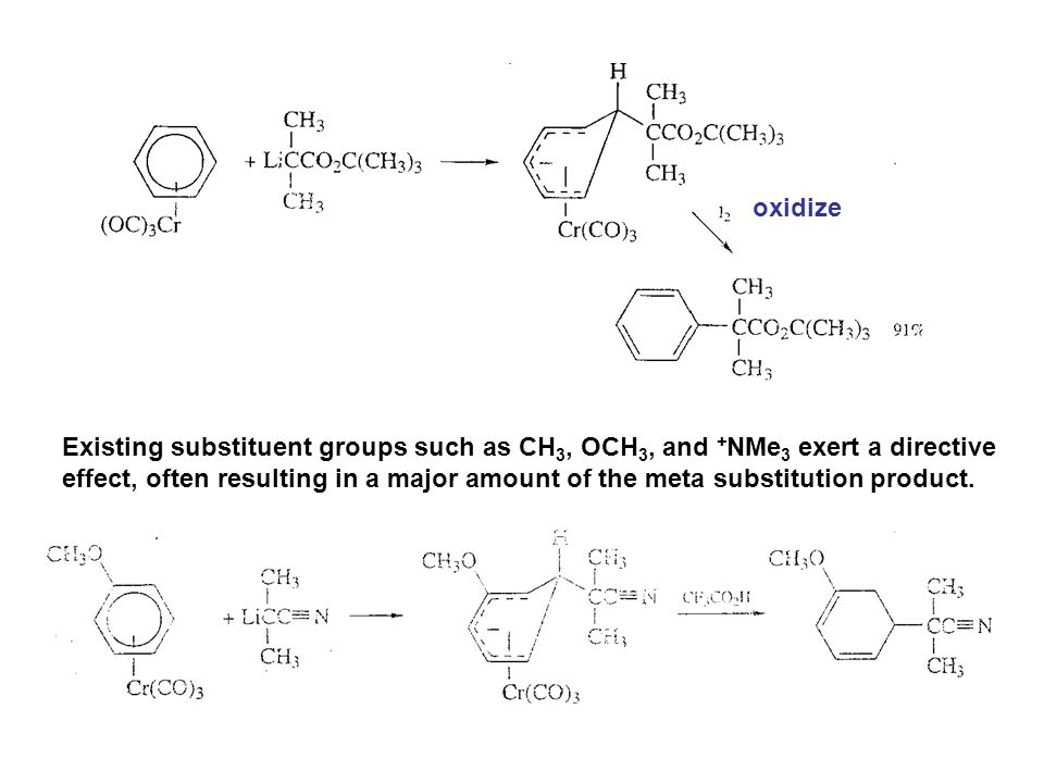 oxidize Existing substituent groups such as CH 3, OCH 3, and + NMe 3 exert a directive effect, often resulting in a major amount of the meta substitution product.