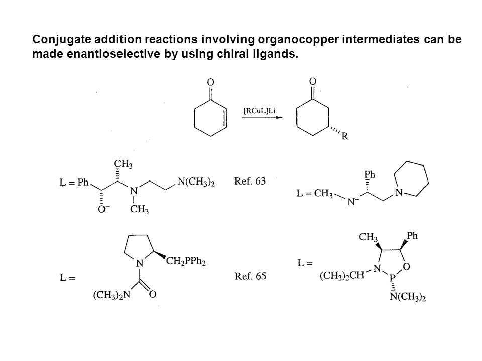 Conjugate addition reactions involving organocopper intermediates can be made enantioselective by using chiral ligands.