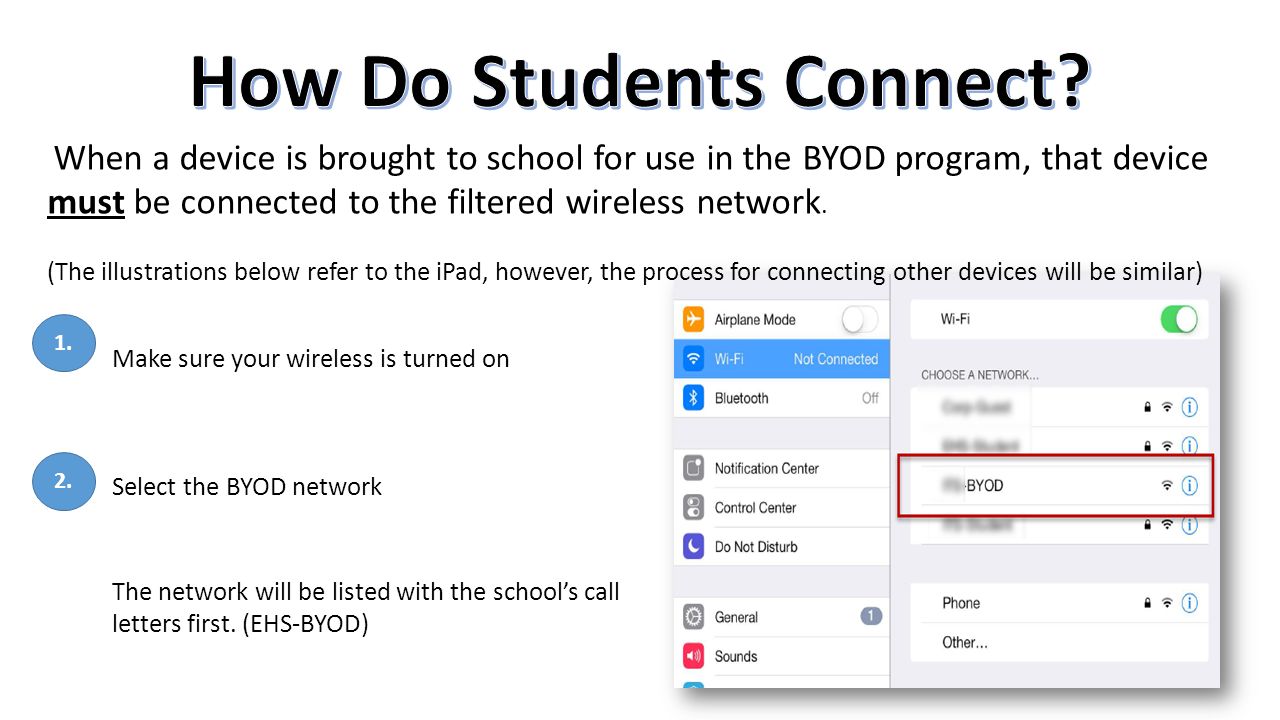 When a device is brought to school for use in the BYOD program, that device must be connected to the filtered wireless network.