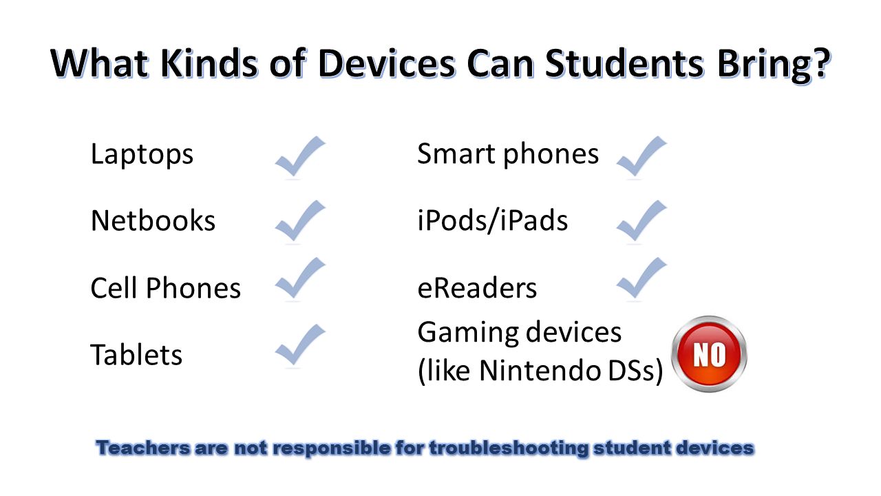 Laptops Netbooks Cell Phones Tablets Smart phones iPods/iPads eReaders Gaming devices (like Nintendo DSs)
