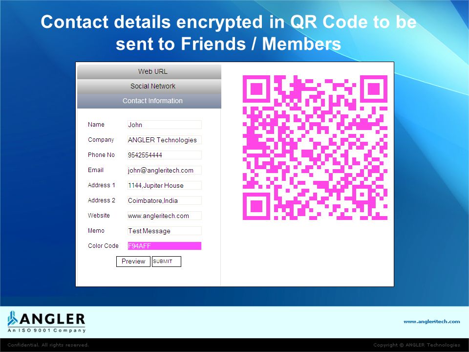 Contact details encrypted in QR Code to be sent to Friends / Members