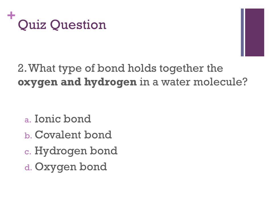 + Quiz Question 2. What type of bond holds together the oxygen and hydrogen in a water molecule.