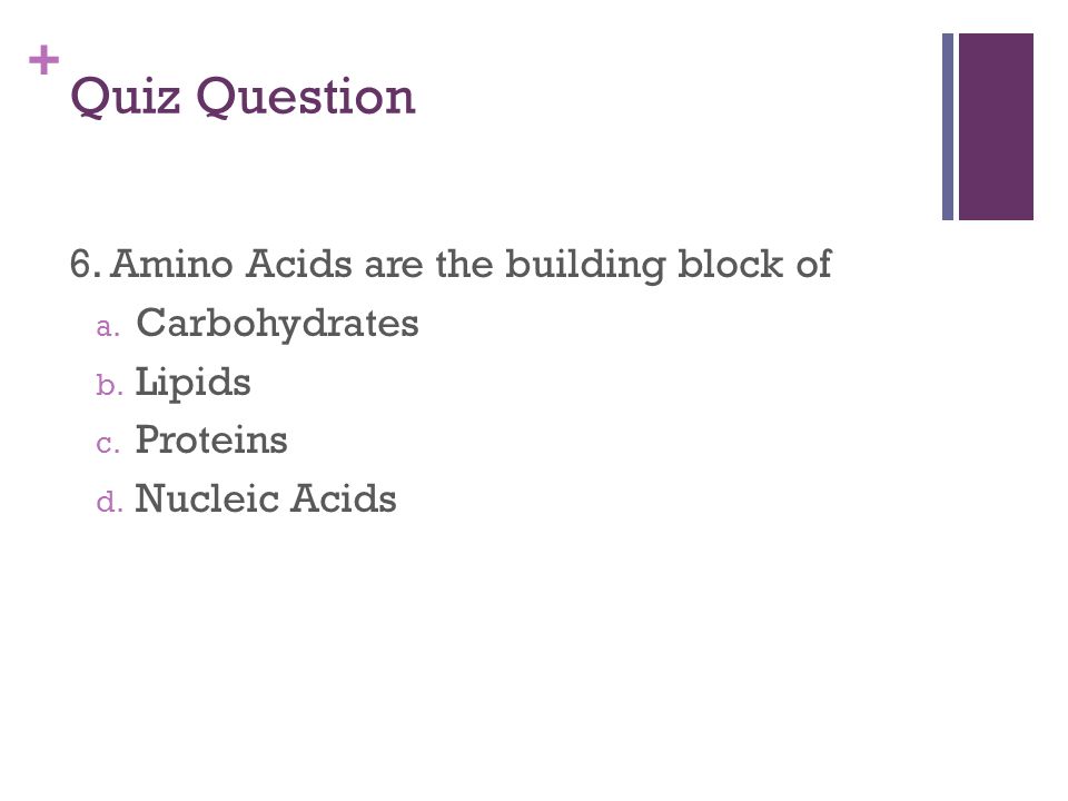 + Quiz Question 6. Amino Acids are the building block of a.