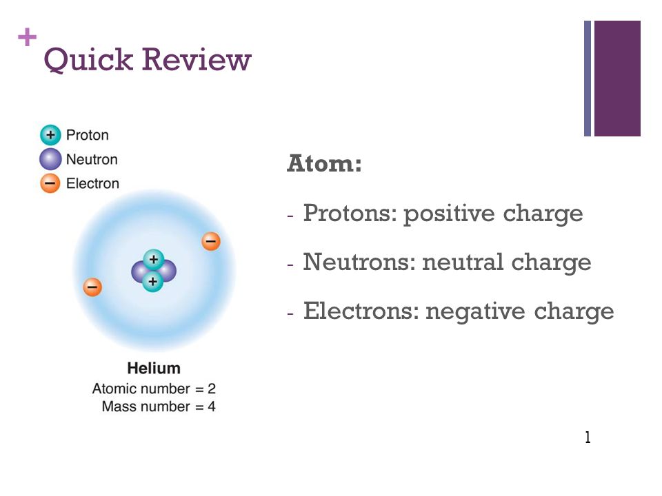 + Quick Review Atom: - Protons: positive charge - Neutrons: neutral charge - Electrons: negative charge 1