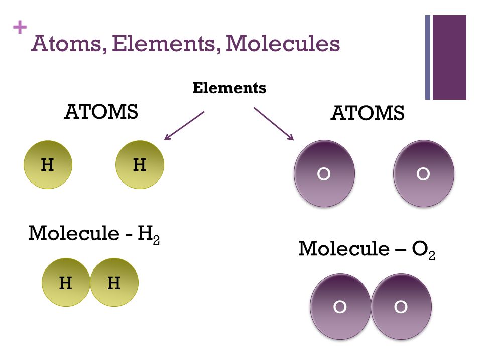 + Atoms, Elements, Molecules HH HH ATOMS Molecule - H 2 O O O O O O O O ATOMS Molecule – O 2 Elements