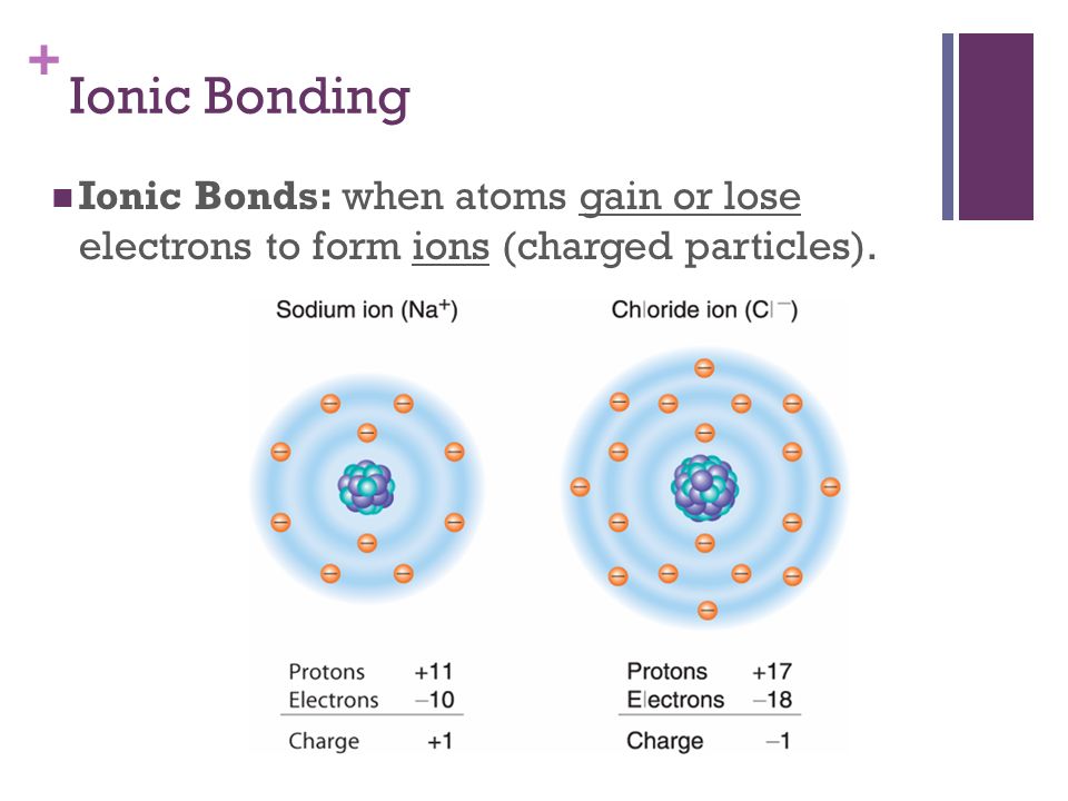 + Ionic Bonding Ionic Bonds: when atoms gain or lose electrons to form ions (charged particles).