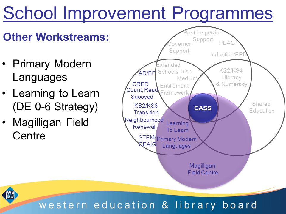School Improvement Programmes CASS Primary Modern Languages Learning to Learn (DE 0-6 Strategy) Magilligan Field Centre Magilligan Field Centre Primary Modern Languages Learning To Learn KS2/KS4 Literacy & Numeracy Shared Education Extended Schools Entitlement Framework Irish Medium Post-Inspection Support Governor Support Induction/EPD PEAG Other Workstreams: AD/BF Count, Read Succeed CRED Neighbourhood Renewal STEM/ CEAIG KS2/KS3 Transition