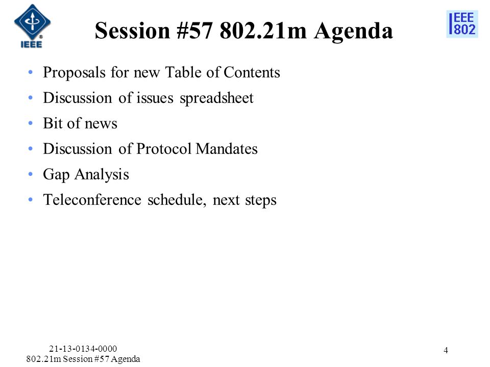 Session # m Agenda Proposals for new Table of Contents Discussion of issues spreadsheet Bit of news Discussion of Protocol Mandates Gap Analysis Teleconference schedule, next steps m Session #57 Agenda 4