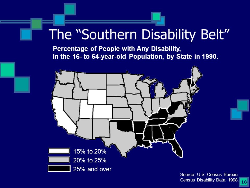 18 The Southern Disability Belt Percentage of People with Any Disability, In the 16- to 64-year-old Population, by State in 1990.