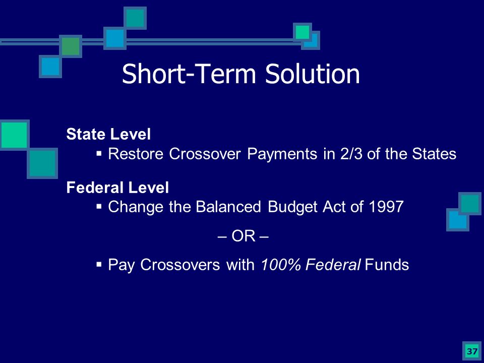 37 Short-Term Solution State Level  Restore Crossover Payments in 2/3 of the States Federal Level  Change the Balanced Budget Act of 1997 – OR –  Pay Crossovers with 100% Federal Funds