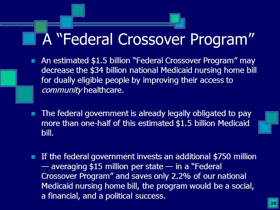 38 A Federal Crossover Program An estimated $1.5 billion Federal Crossover Program may decrease the $34 billion national Medicaid nursing home bill for dually eligible people by improving their access to community healthcare.