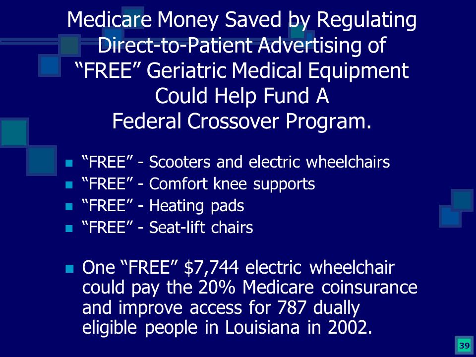 39 Medicare Money Saved by Regulating Direct-to-Patient Advertising of FREE Geriatric Medical Equipment Could Help Fund A Federal Crossover Program.