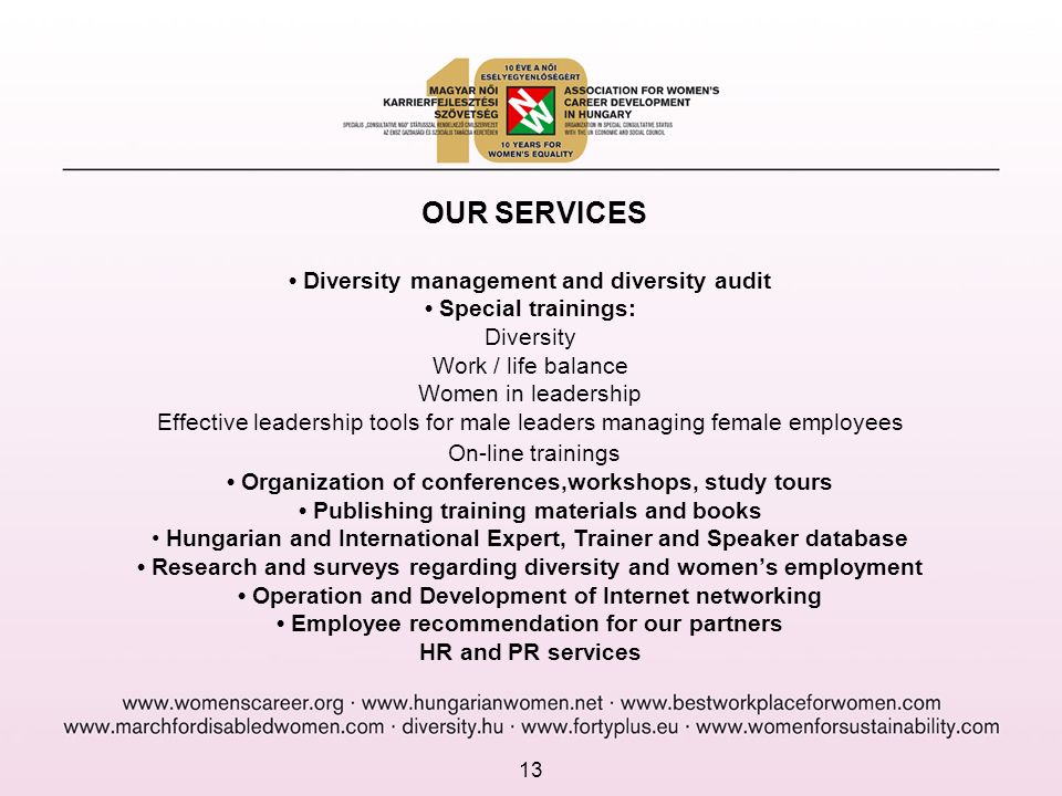 13 OUR SERVICES Diversity management and diversity audit Special trainings: Diversity Work / life balance Women in leadership Effective leadership tools for male leaders managing female employees On-line trainings Organization of conferences,workshops, study tours Publishing training materials and books Hungarian and International Expert, Trainer and Speaker database Research and surveys regarding diversity and women’s employment Operation and Development of Internet networking Employee recommendation for our partners HR and PR services