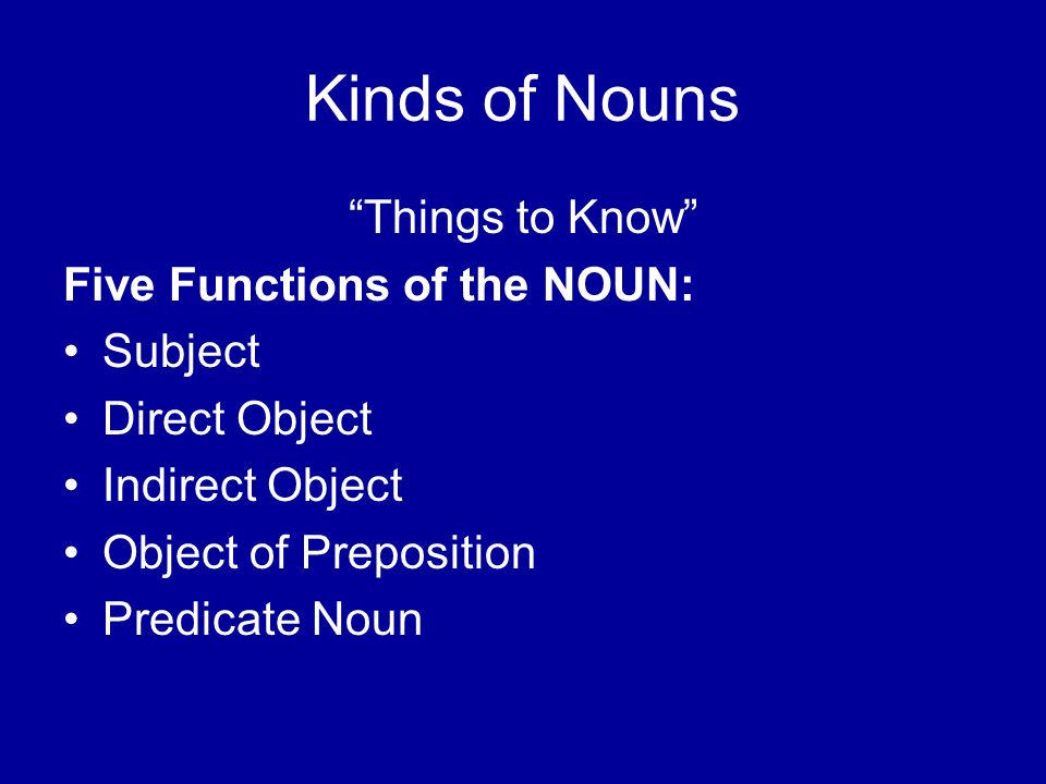 Kinds of Nouns Things to Know Five Functions of the NOUN: Subject Direct Object Indirect Object Object of Preposition Predicate Noun